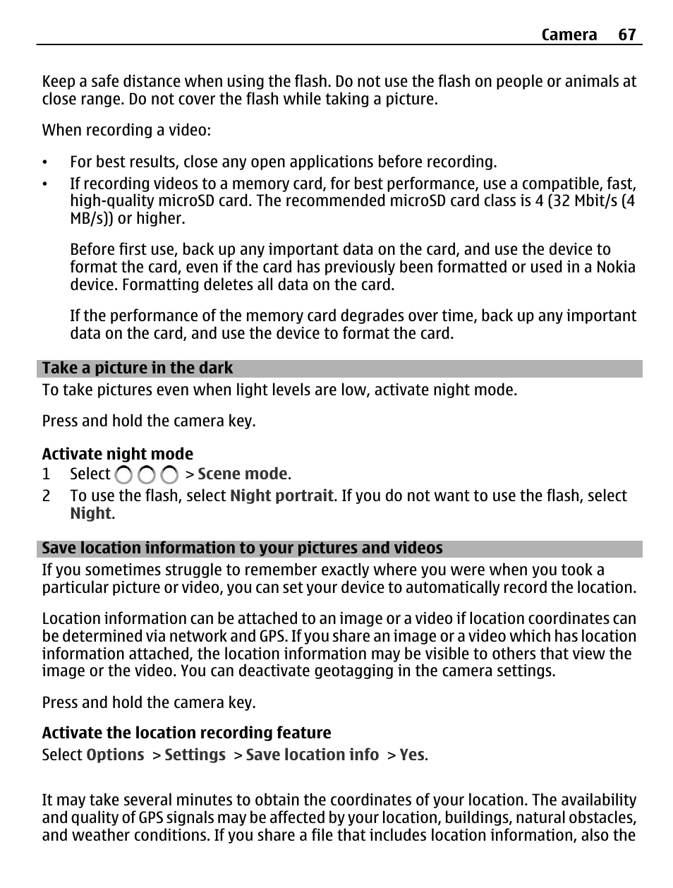 Take a picture in the dark, Save location information to your, Pictures and videos | Nokia C6-01 User Manual | Page 67 / 132