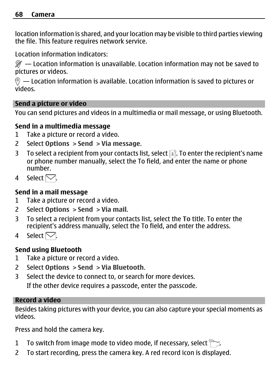 Send a picture or video, Record a video | Nokia C6-01 User Manual | Page 68 / 132