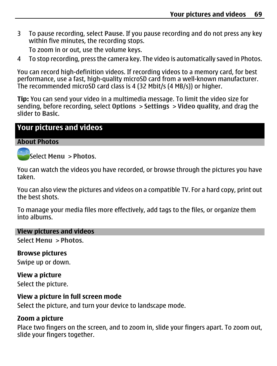 Your pictures and videos, About photos, View pictures and videos | Nokia C6-01 User Manual | Page 69 / 132