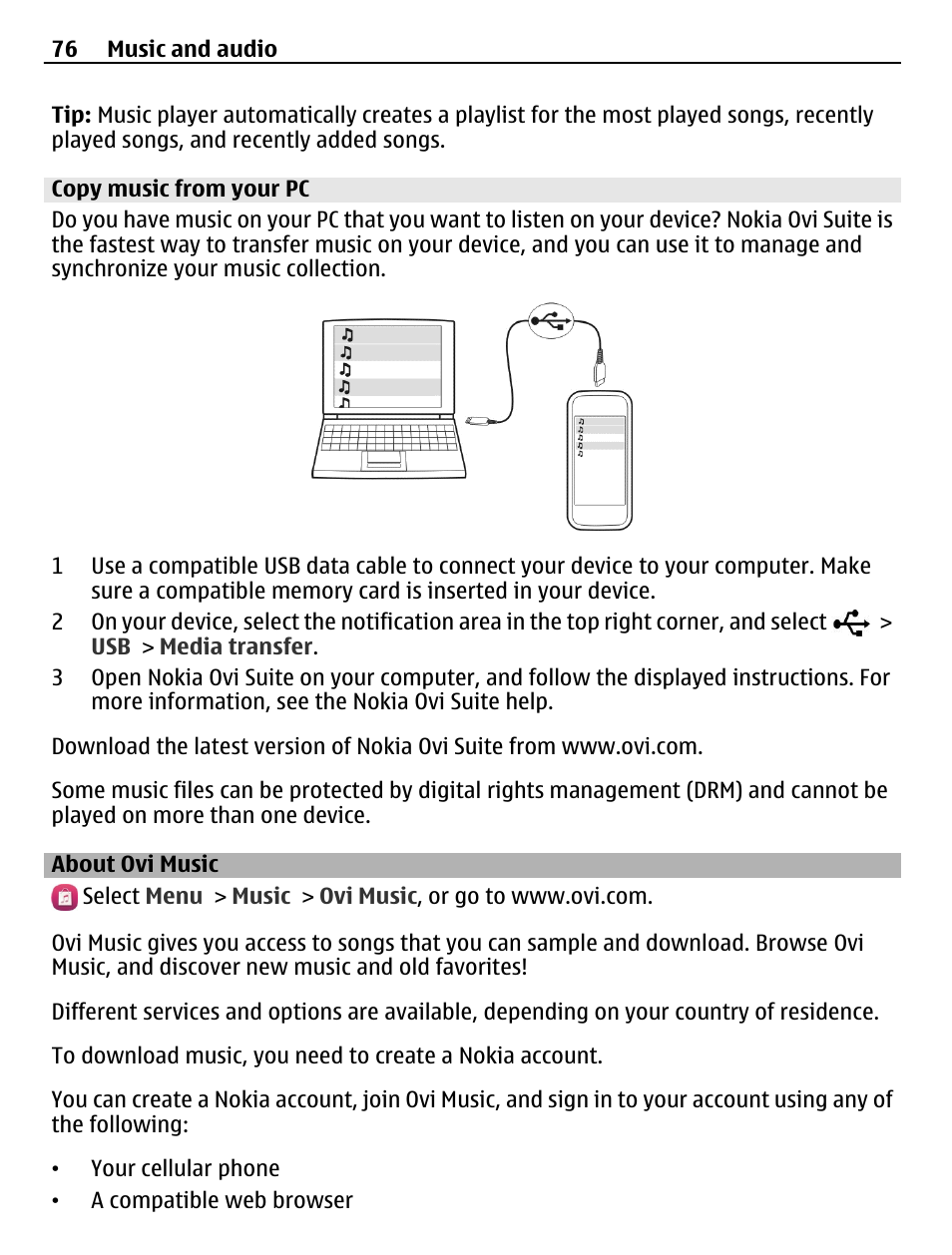 Copy music from your pc, About ovi music | Nokia C6-01 User Manual | Page 76 / 132