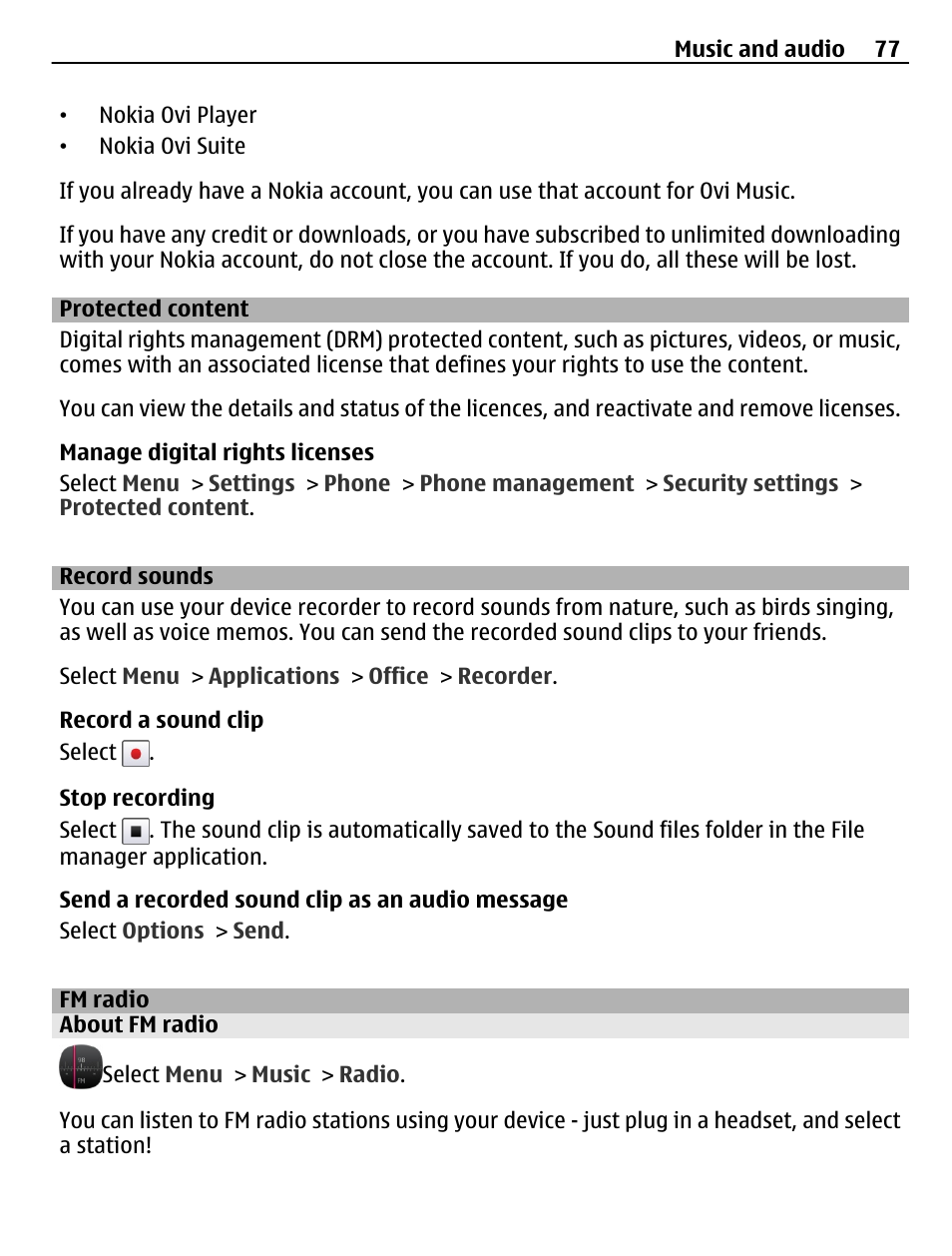 Protected content, Record sounds, Fm radio | About fm radio | Nokia C6-01 User Manual | Page 77 / 132