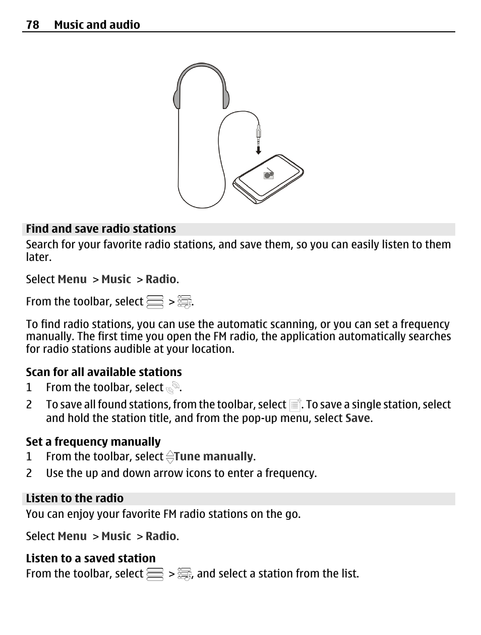 Find and save radio stations, Listen to the radio | Nokia C6-01 User Manual | Page 78 / 132