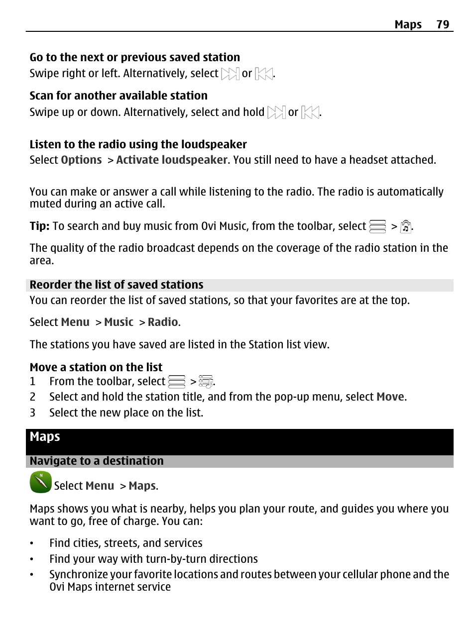 Reorder the list of saved stations, Maps, Navigate to a destination | Nokia C6-01 User Manual | Page 79 / 132