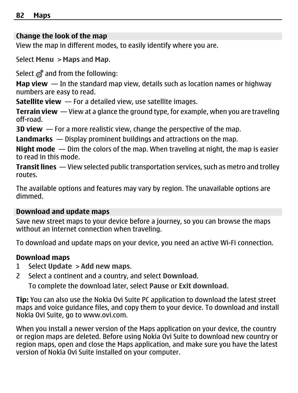 Change the look of the map, Download and update maps | Nokia C6-01 User Manual | Page 82 / 132
