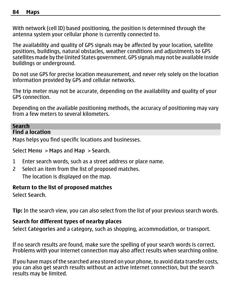 Search, Find a location | Nokia C6-01 User Manual | Page 84 / 132