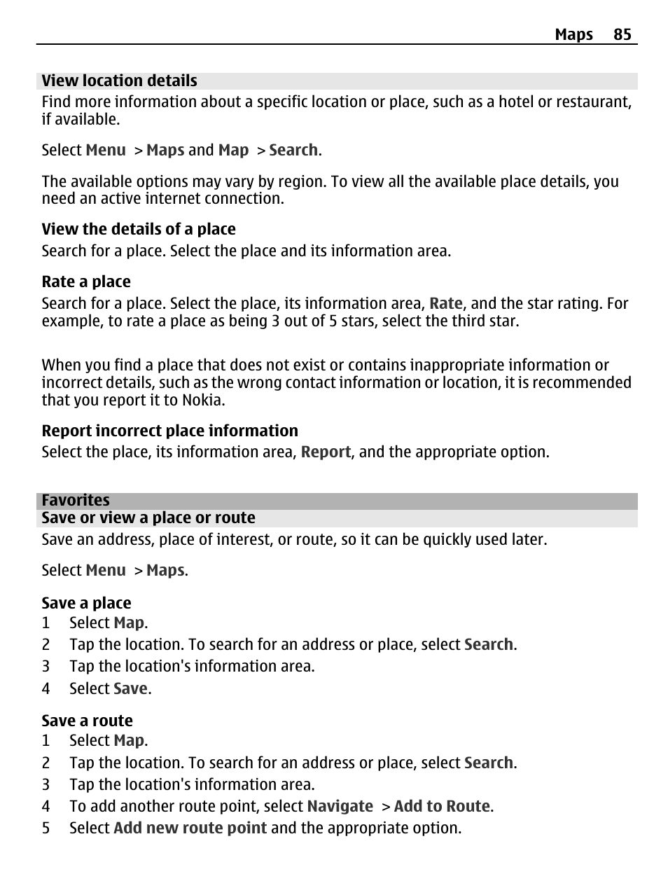 View location details, Favorites, Save or view a place or route | Nokia C6-01 User Manual | Page 85 / 132