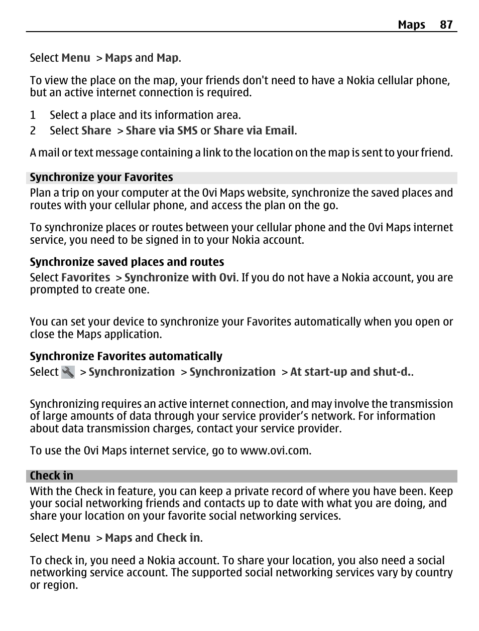 Synchronize your favorites, Check in | Nokia C6-01 User Manual | Page 87 / 132