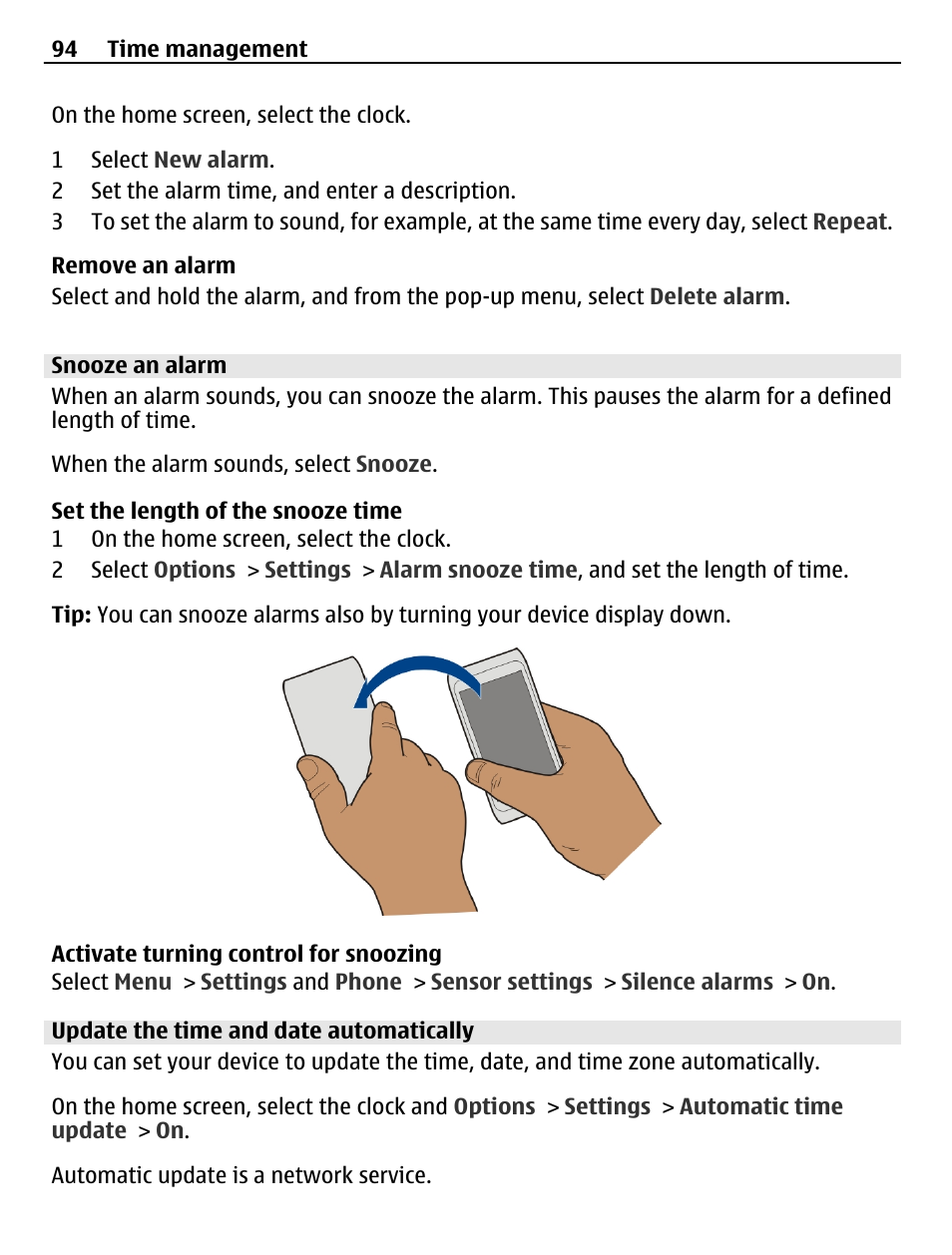 Snooze an alarm, Update the time and date automatically | Nokia C6-01 User Manual | Page 94 / 132