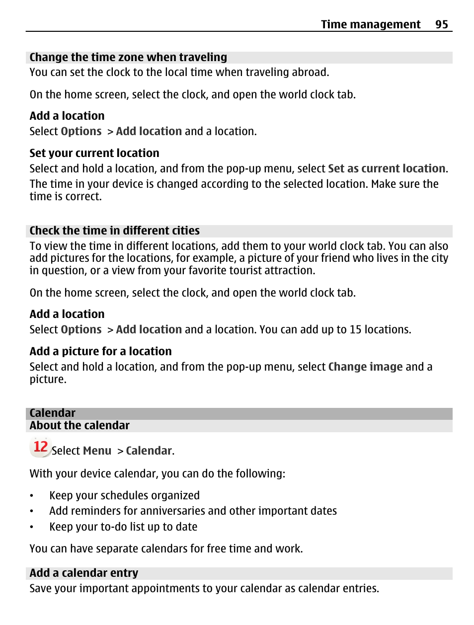 Change the time zone when traveling, Check the time in different cities, Calendar | About the calendar, Add a calendar entry | Nokia C6-01 User Manual | Page 95 / 132