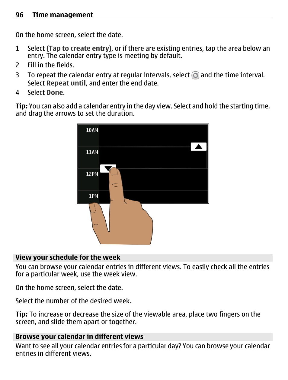 View your schedule for the week, Browse your calendar in different views | Nokia C6-01 User Manual | Page 96 / 132