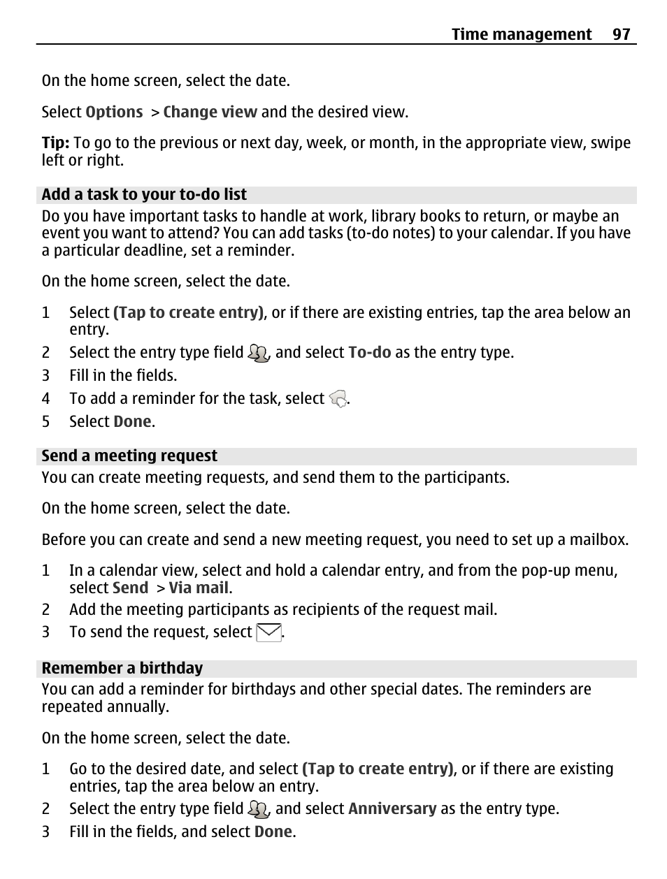 Add a task to your to-do list, Send a meeting request, Remember a birthday | Nokia C6-01 User Manual | Page 97 / 132