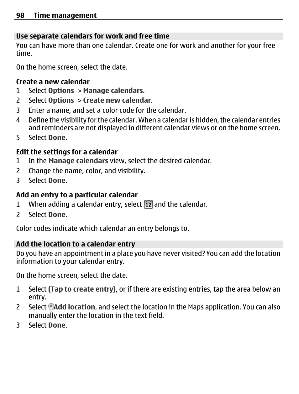 Use separate calendars for work and free time, Add the location to a calendar entry | Nokia C6-01 User Manual | Page 98 / 132