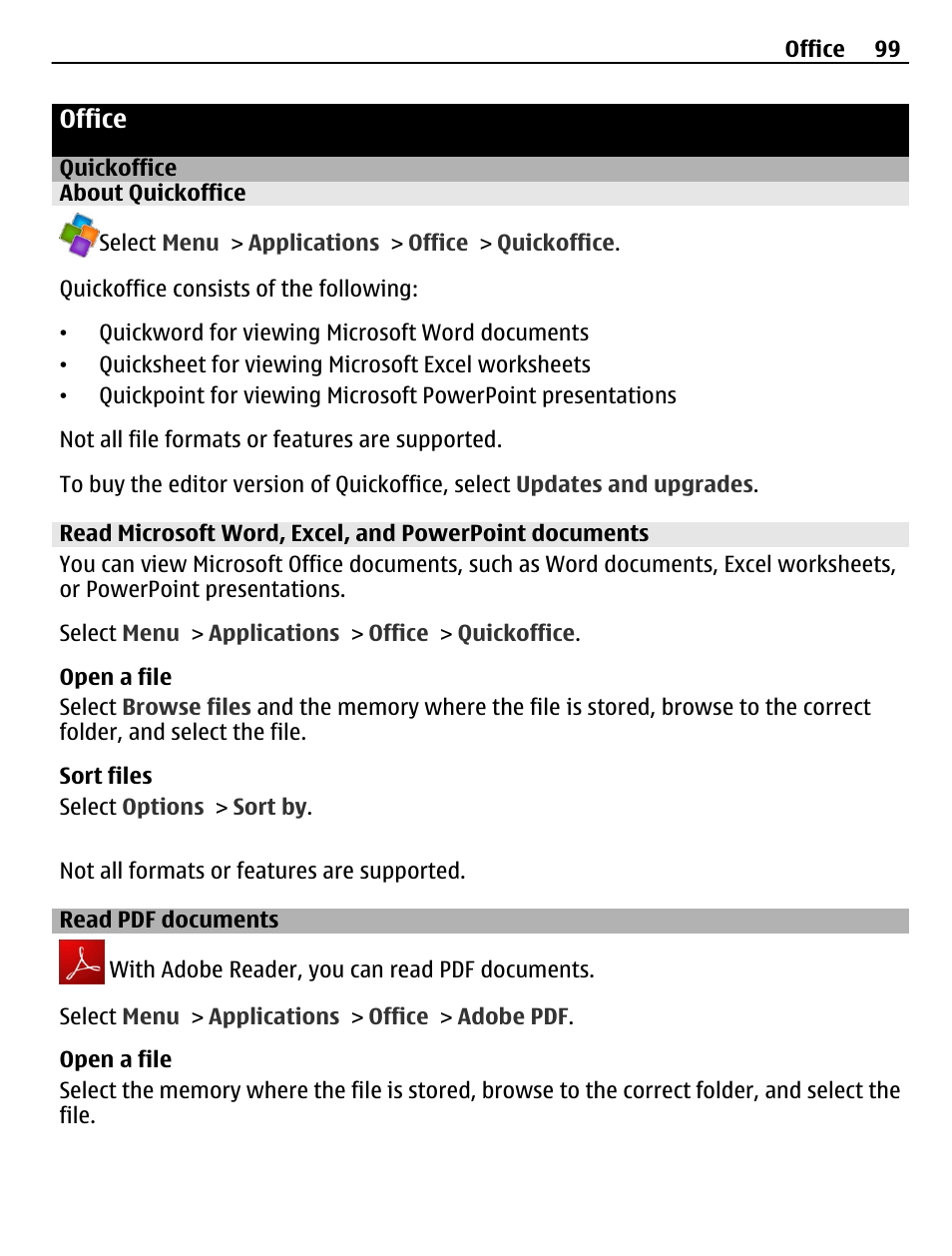 Office, Quickoffice, About quickoffice | Read pdf documents | Nokia C6-01 User Manual | Page 99 / 132