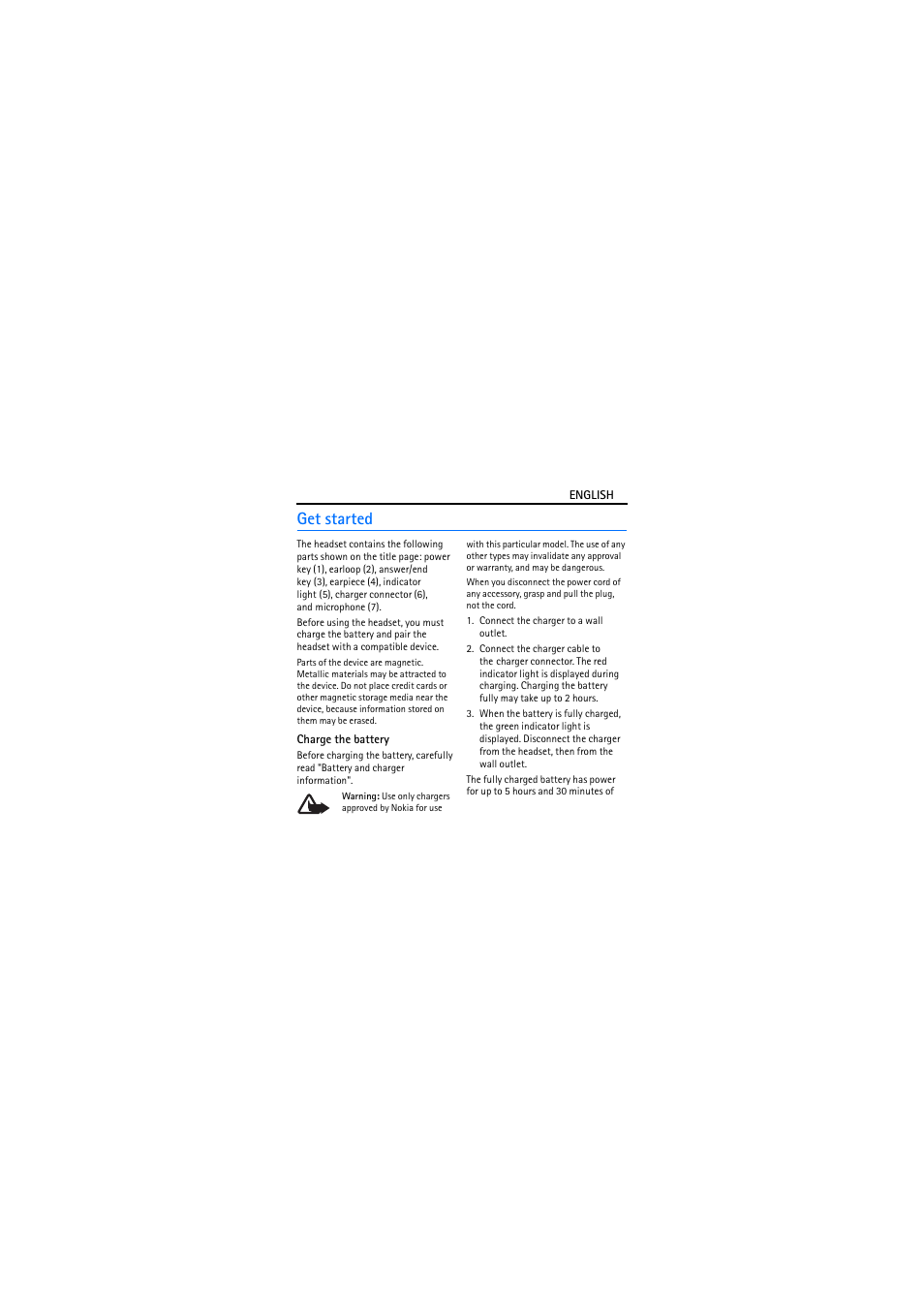 Get started, Charge the battery | Nokia BH-105 User Manual | Page 4 / 51