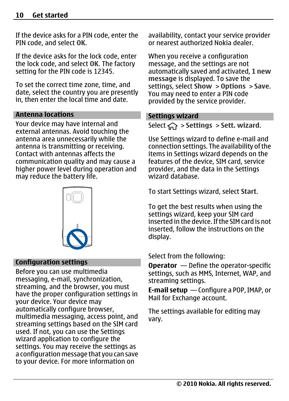 Antenna locations, Configuration settings, Settings wizard | Nokia 6700 Slide User Manual | Page 10 / 56