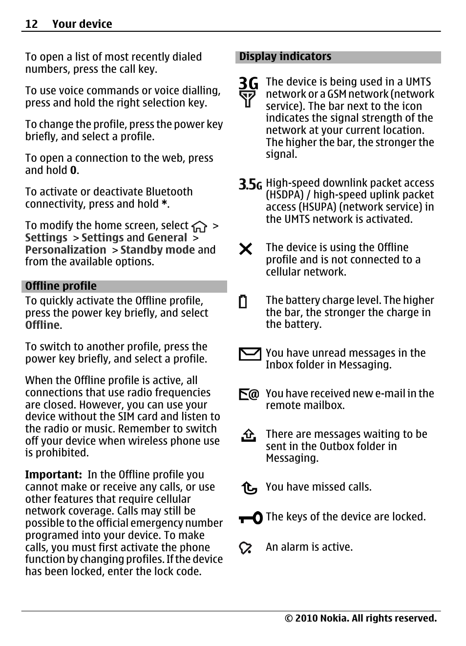 Offline profile, Display indicators | Nokia 6700 Slide User Manual | Page 12 / 56