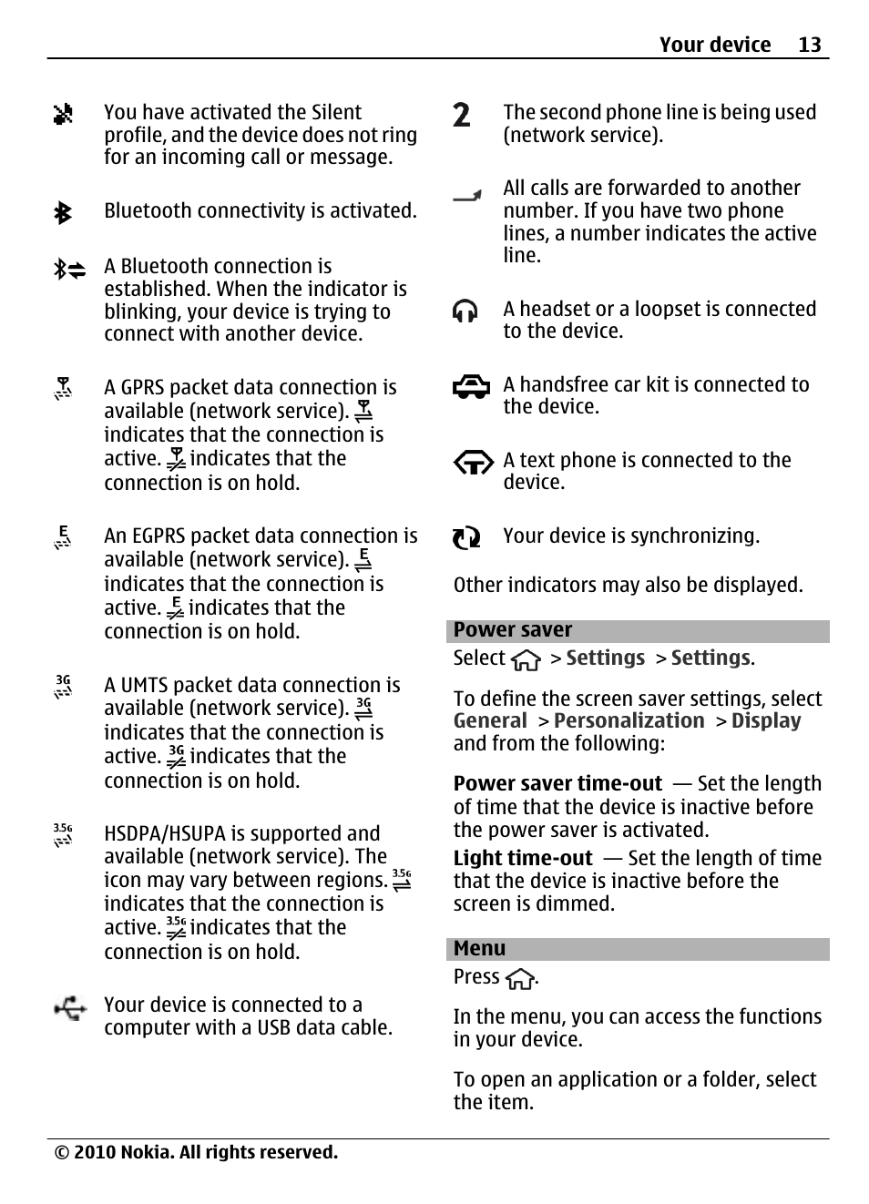 Power saver, Menu | Nokia 6700 Slide User Manual | Page 13 / 56