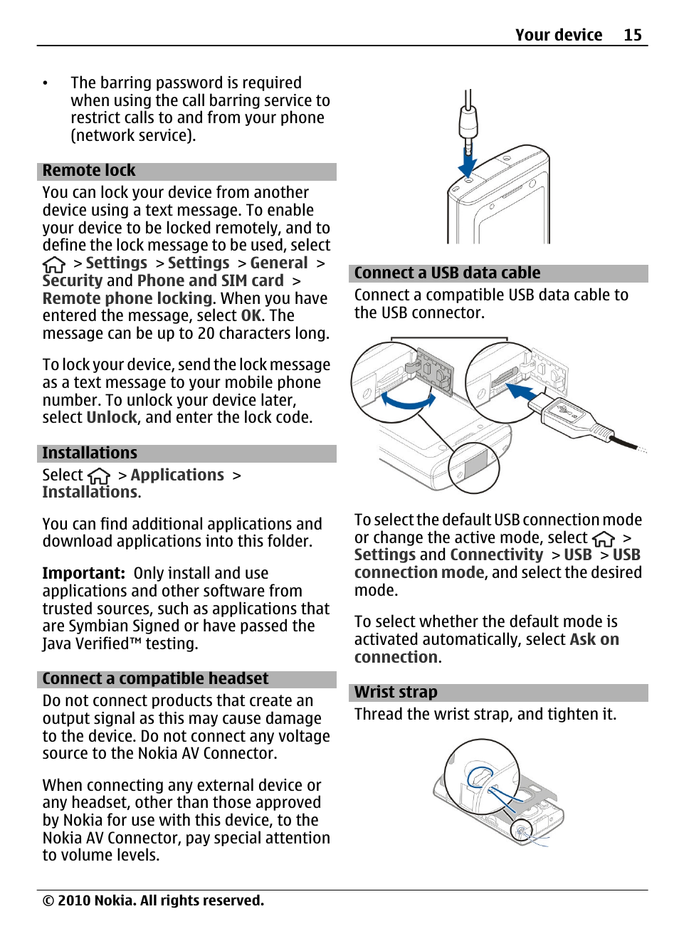 Remote lock, Installations, Connect a compatible headset | Connect a usb data cable, Wrist strap | Nokia 6700 Slide User Manual | Page 15 / 56