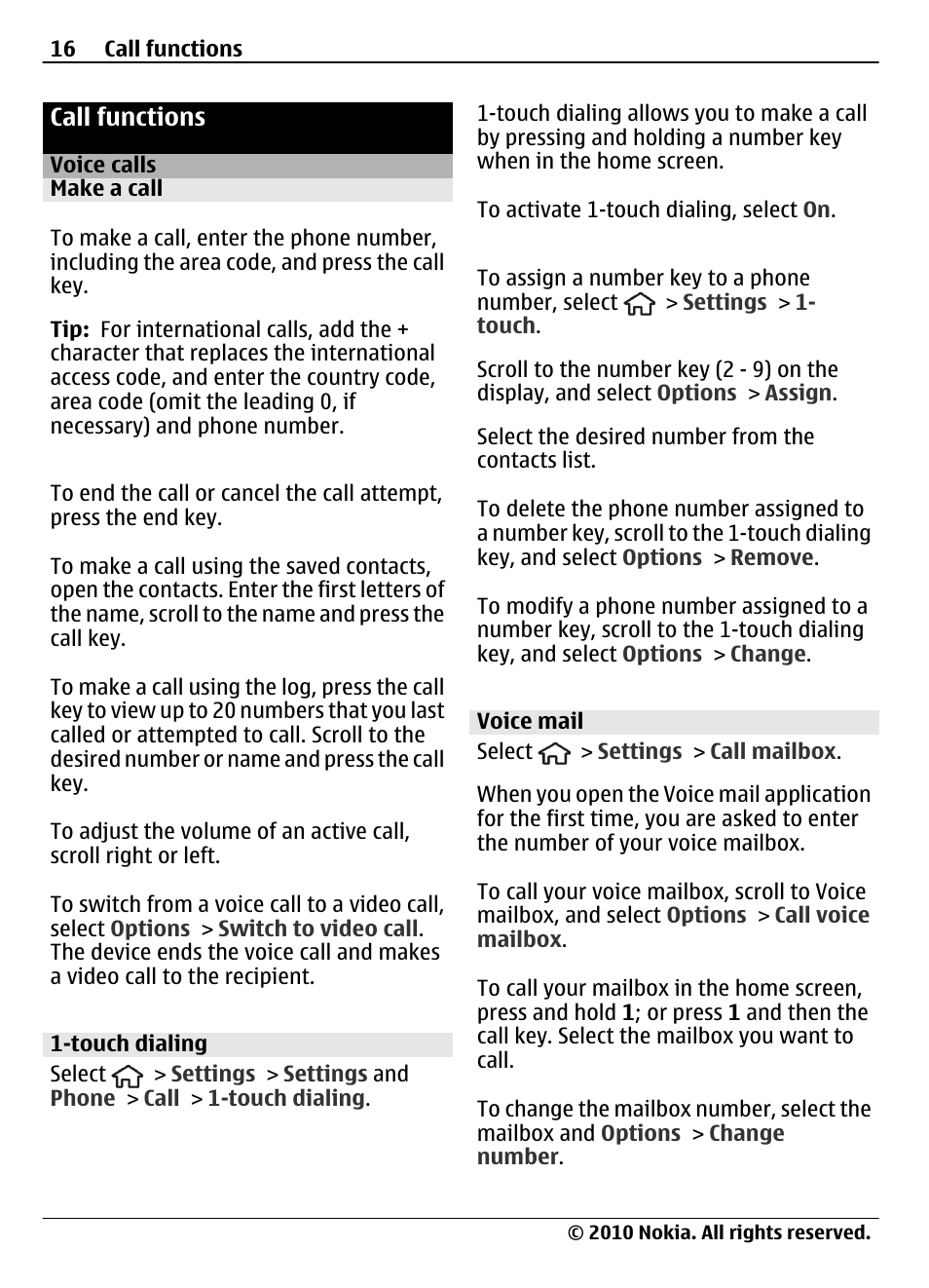 Call functions, Voice calls, Make a call | Touch dialing, Voice mail | Nokia 6700 Slide User Manual | Page 16 / 56