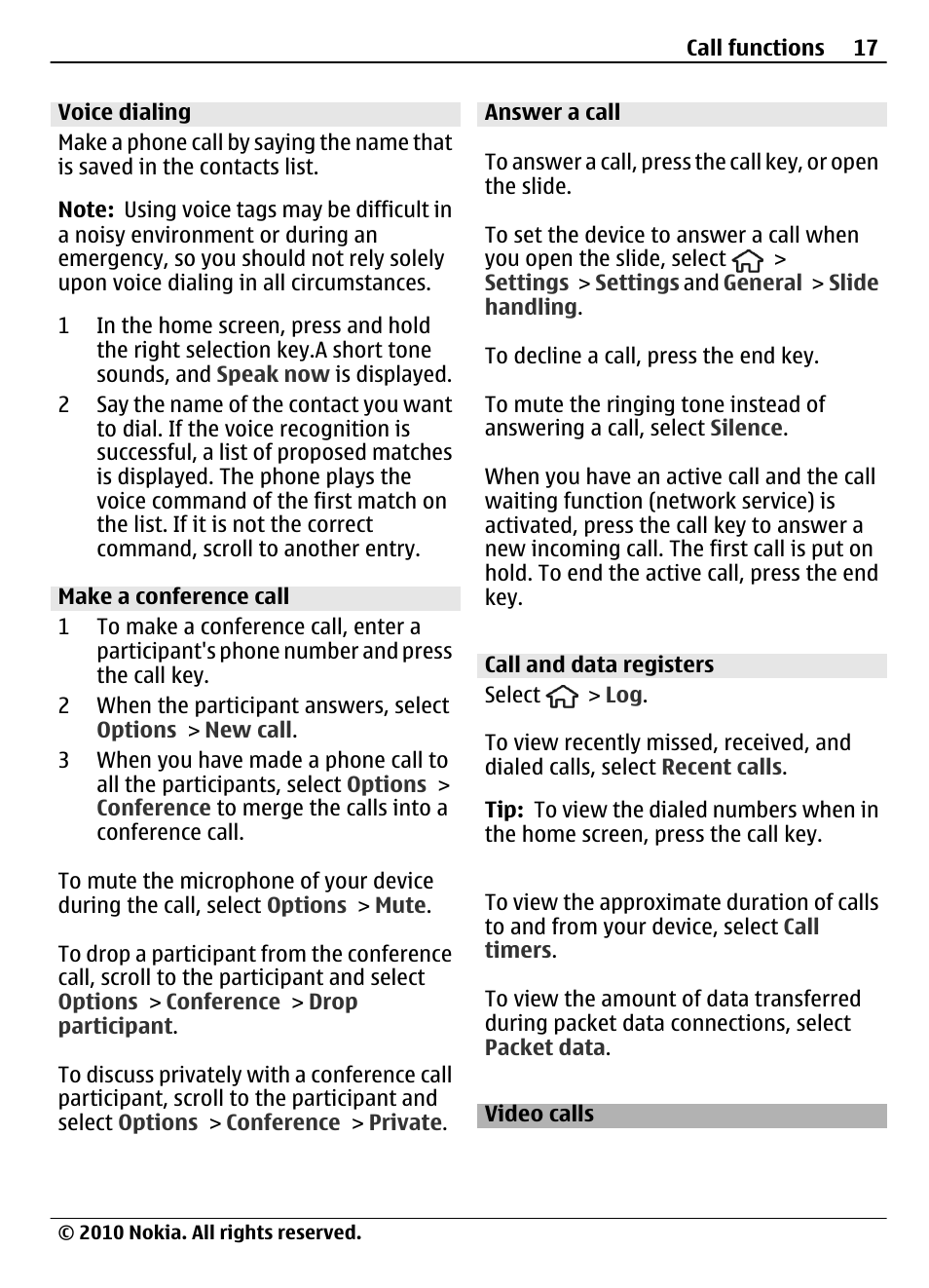 Voice dialing, Make a conference call, Answer a call | Call and data registers, Video calls | Nokia 6700 Slide User Manual | Page 17 / 56