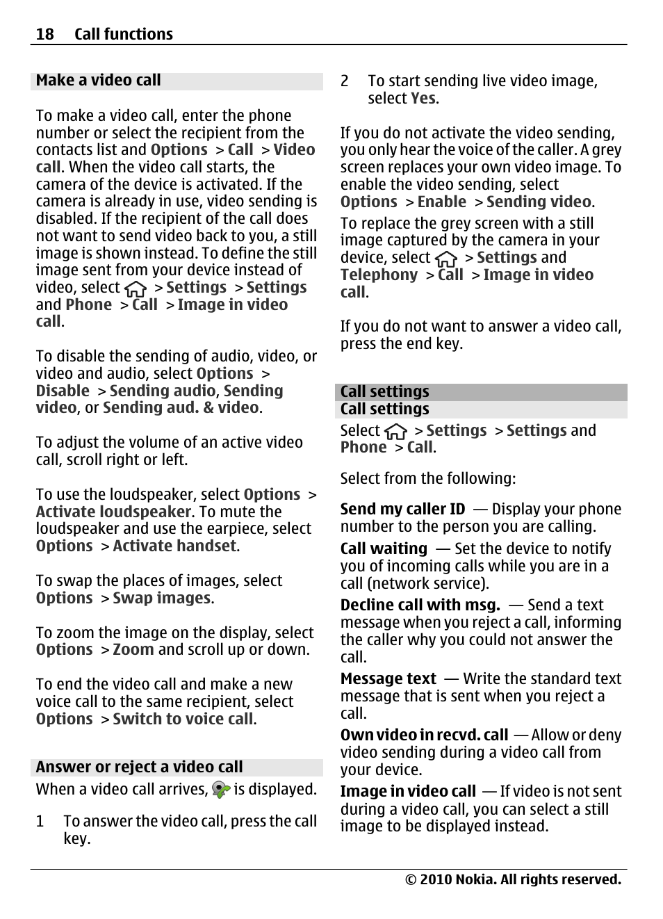 Make a video call, Answer or reject a video call, Call settings | Nokia 6700 Slide User Manual | Page 18 / 56