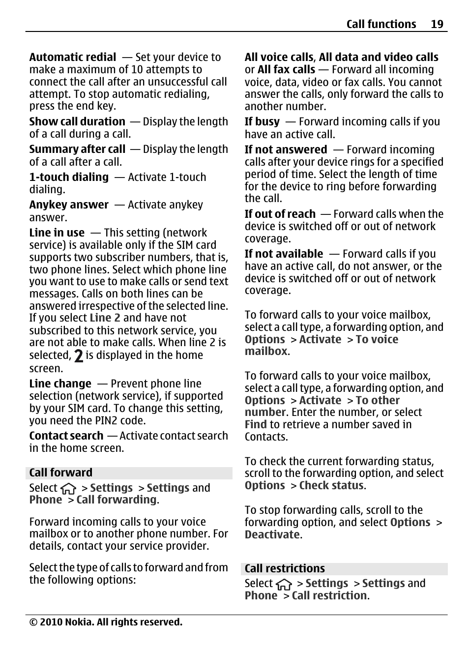 Call forward, Call restrictions | Nokia 6700 Slide User Manual | Page 19 / 56