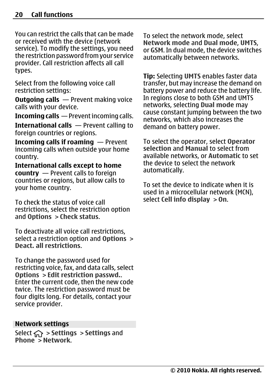 Network settings | Nokia 6700 Slide User Manual | Page 20 / 56