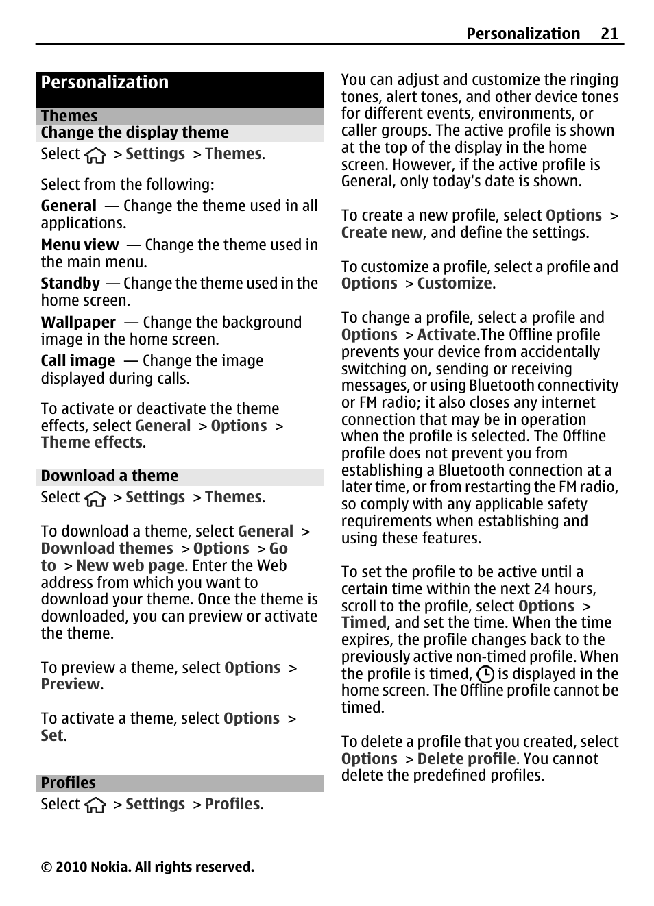 Personalization, Themes, Change the display theme | Download a theme, Profiles | Nokia 6700 Slide User Manual | Page 21 / 56