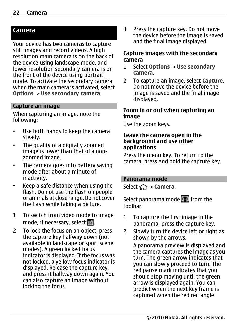 Camera, Capture an image, Panorama mode | Nokia 6700 Slide User Manual | Page 22 / 56