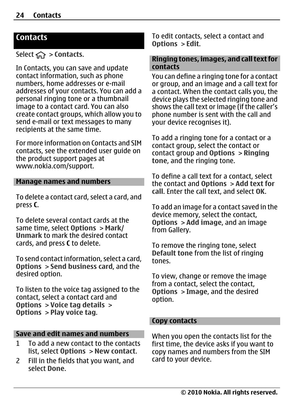 Contacts, Manage names and numbers, Save and edit names and numbers | Ringing tones, images, and call text for contacts, Copy contacts, Ringing tones, images, and call text for | Nokia 6700 Slide User Manual | Page 24 / 56
