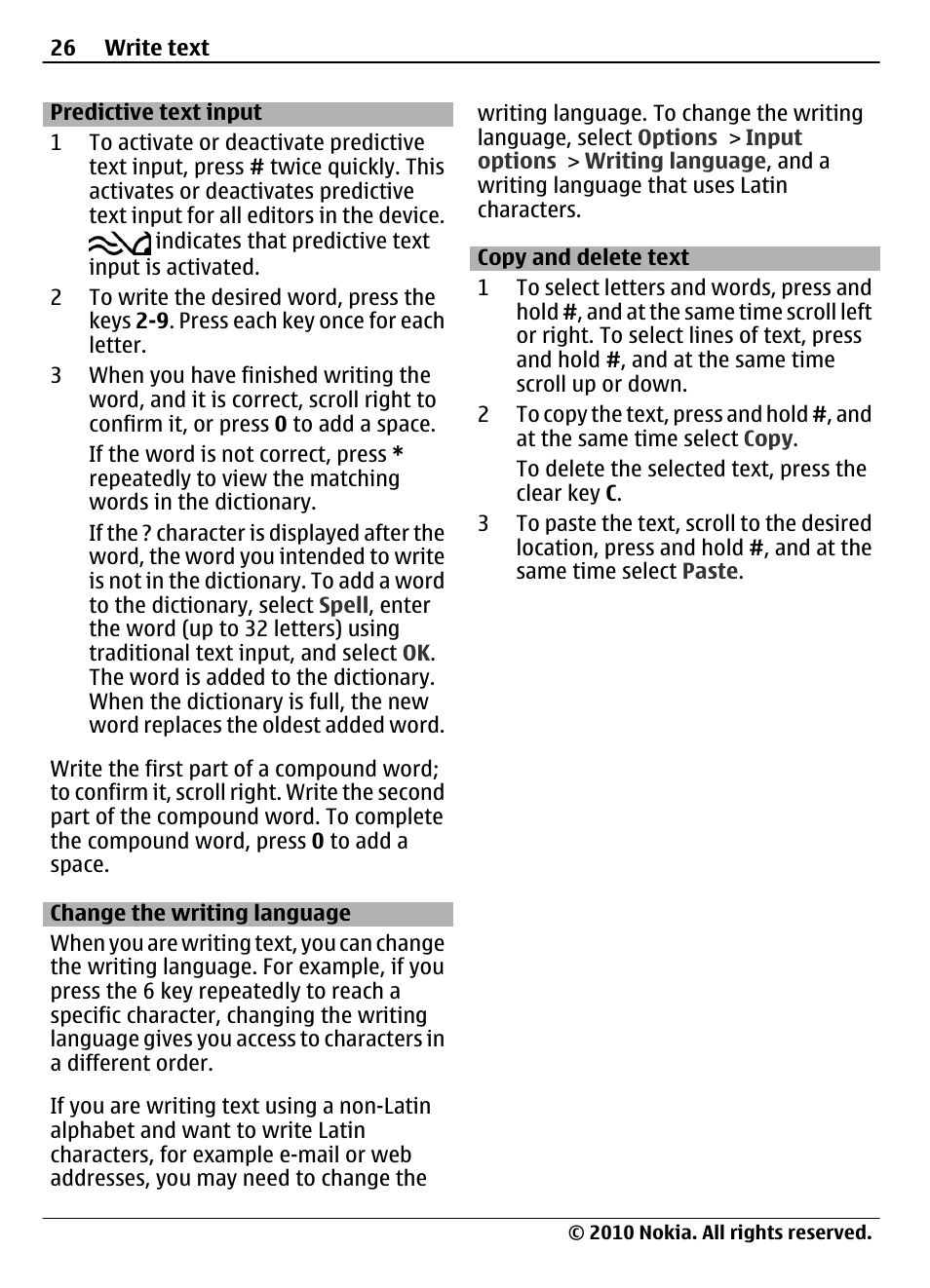 Predictive text input, Change the writing language, Copy and delete text | Nokia 6700 Slide User Manual | Page 26 / 56