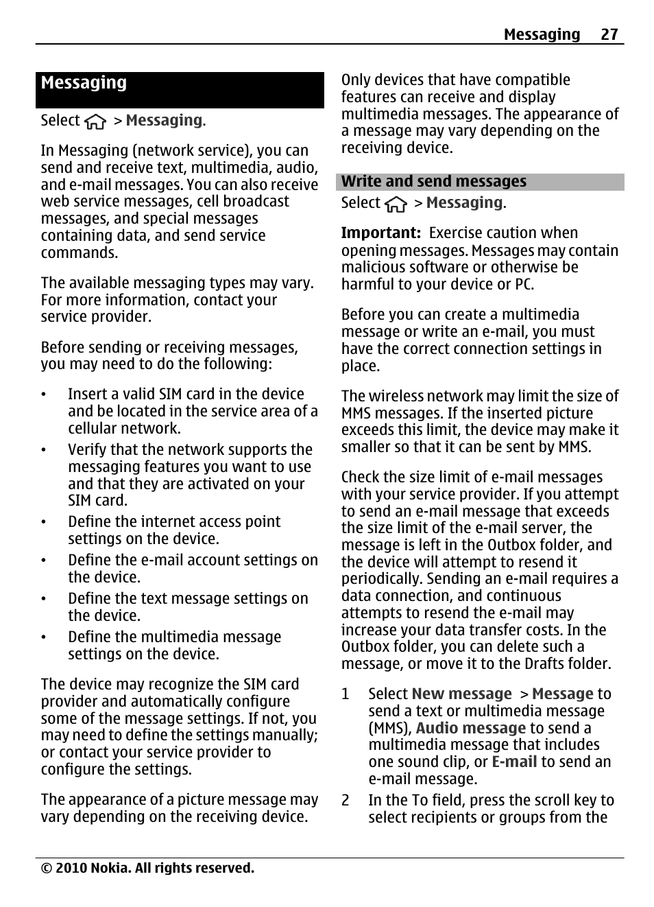 Messaging, Write and send messages | Nokia 6700 Slide User Manual | Page 27 / 56