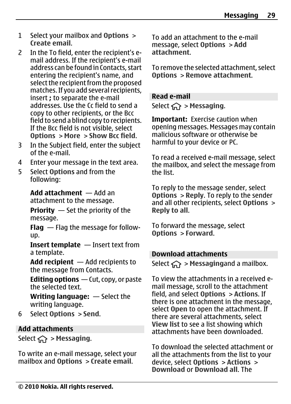 Add attachments, Read e-mail, Download attachments | Nokia 6700 Slide User Manual | Page 29 / 56