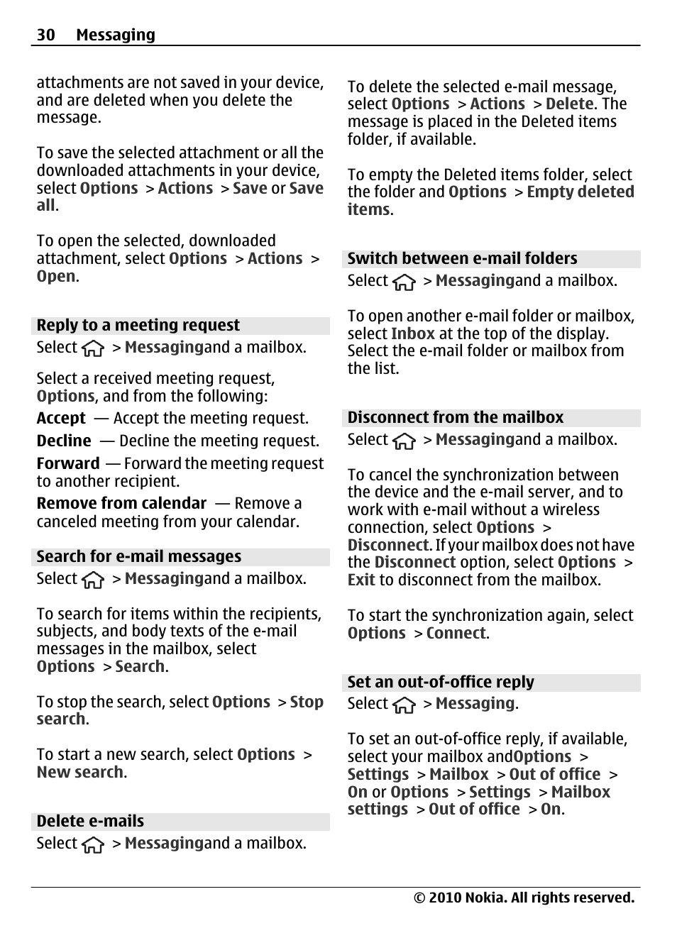 Reply to a meeting request, Search for e-mail messages, Delete e-mails | Switch between e-mail folders, Disconnect from the mailbox, Set an out-of-office reply | Nokia 6700 Slide User Manual | Page 30 / 56