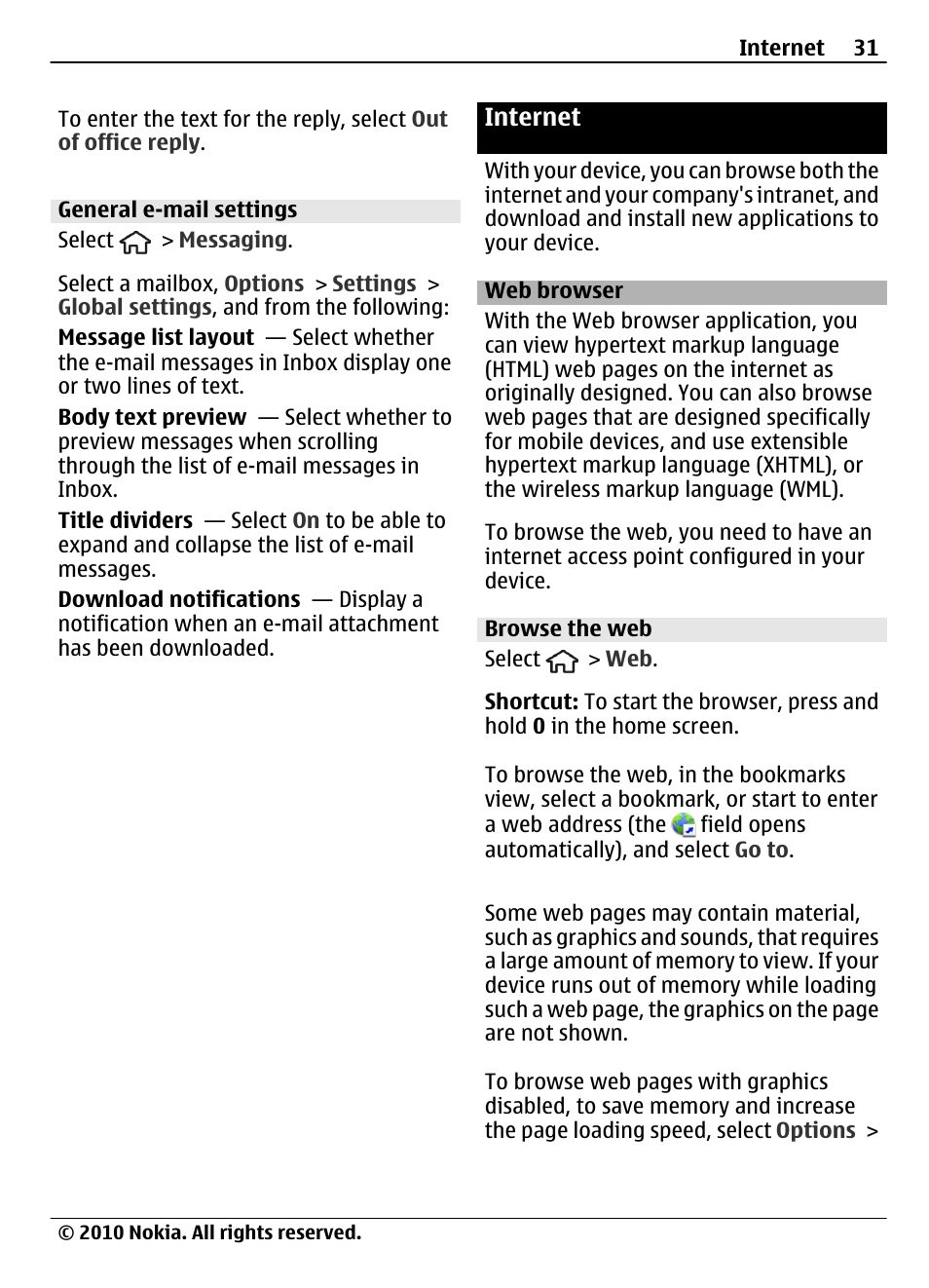 General e-mail settings, Internet, Web browser | Browse the web | Nokia 6700 Slide User Manual | Page 31 / 56