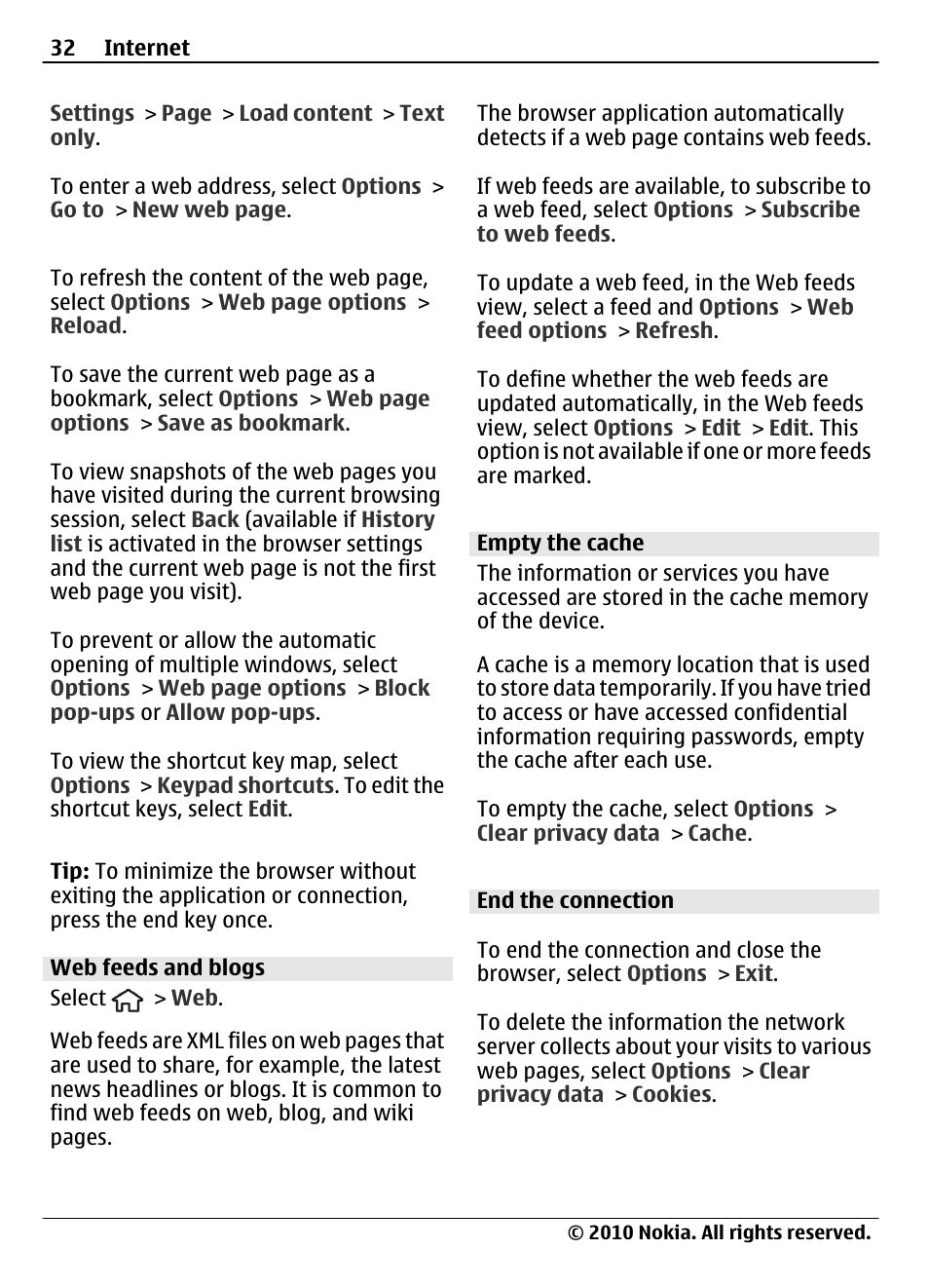 Web feeds and blogs, Empty the cache, End the connection | Nokia 6700 Slide User Manual | Page 32 / 56