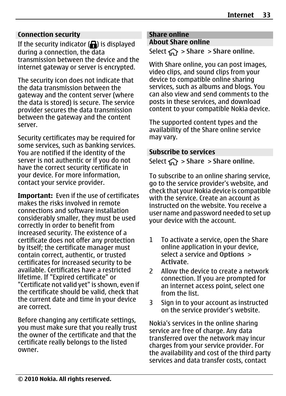 Connection security, Share online, About share online | Subscribe to services | Nokia 6700 Slide User Manual | Page 33 / 56