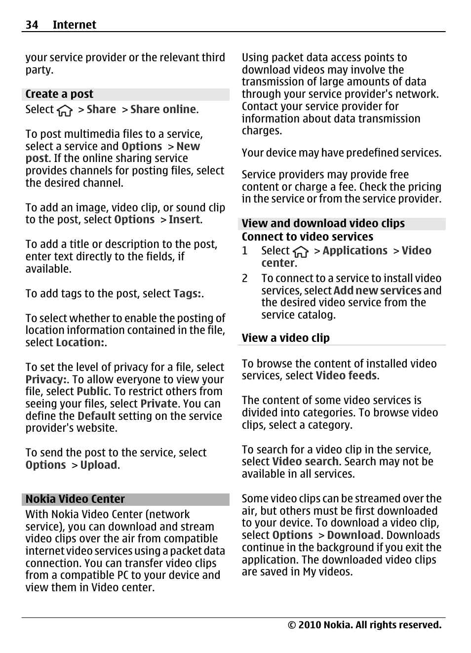 Create a post, Nokia video center, View and download video clips | Nokia 6700 Slide User Manual | Page 34 / 56