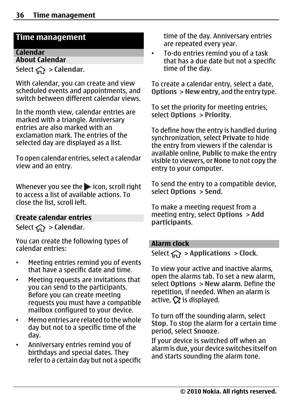 Time management, Calendar, About calendar | Create calendar entries, Alarm clock | Nokia 6700 Slide User Manual | Page 36 / 56