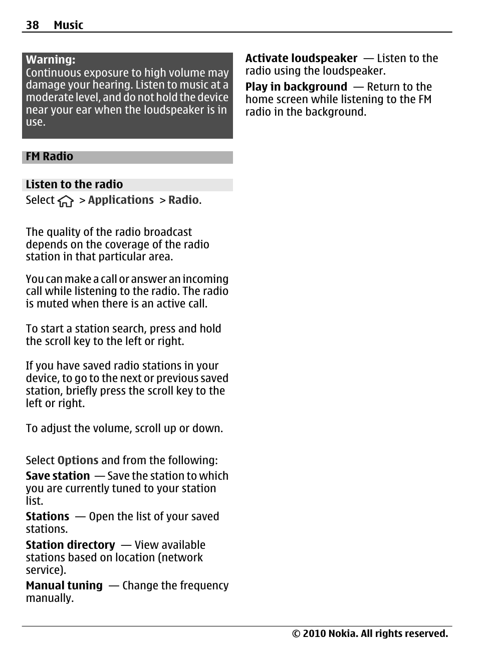 Fm radio, Listen to the radio | Nokia 6700 Slide User Manual | Page 38 / 56