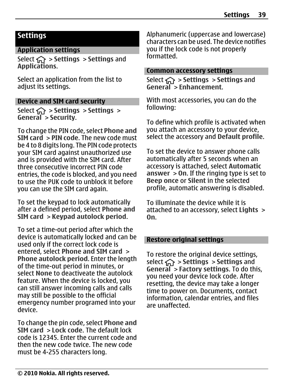 Settings, Application settings, Device and sim card security | Common accessory settings, Restore original settings | Nokia 6700 Slide User Manual | Page 39 / 56