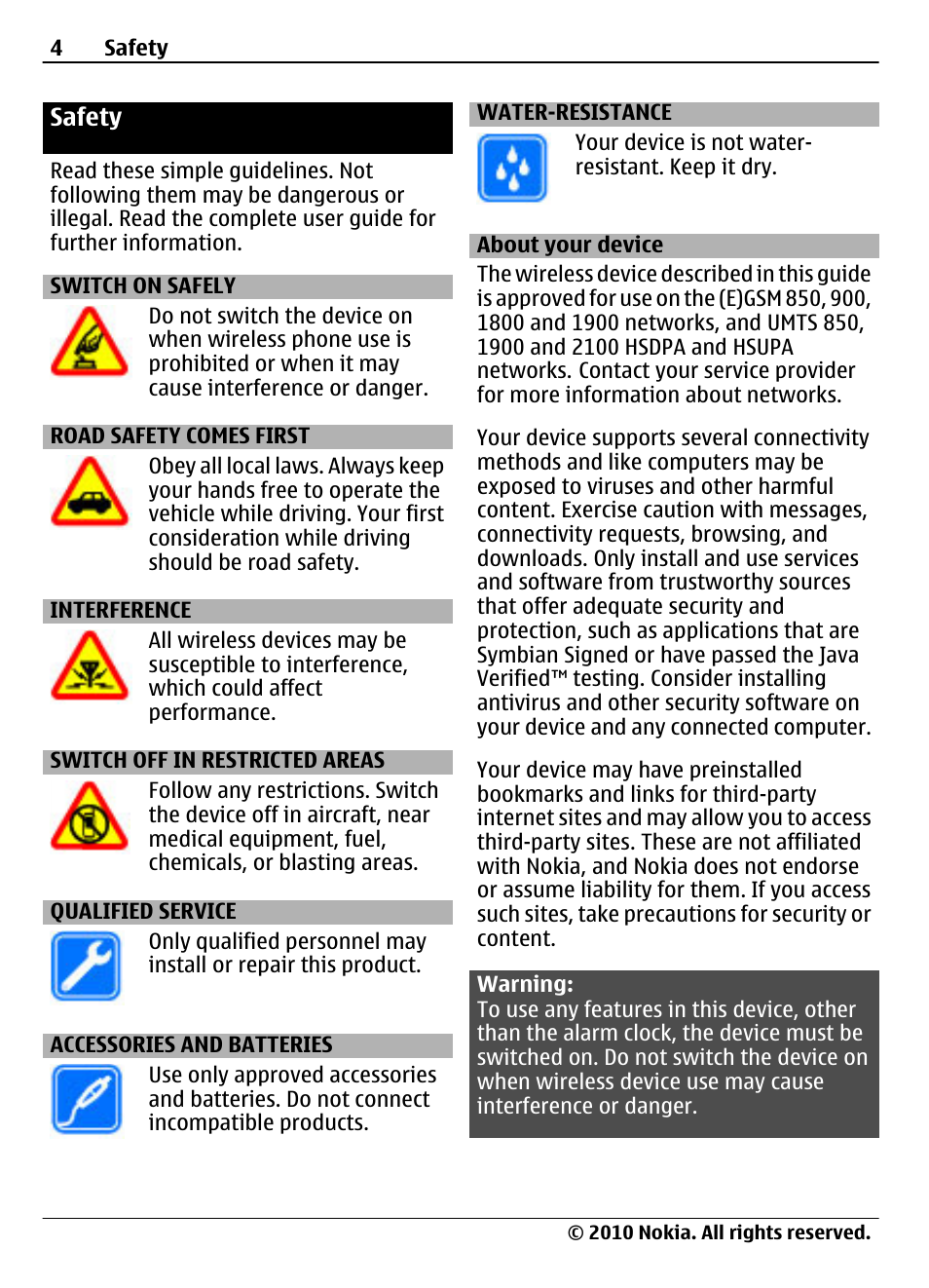 Safety, Switch on safely, Road safety comes first | Interference, Switch off in restricted areas, Qualified service, Accessories and batteries, Water-resistance, About your device | Nokia 6700 Slide User Manual | Page 4 / 56