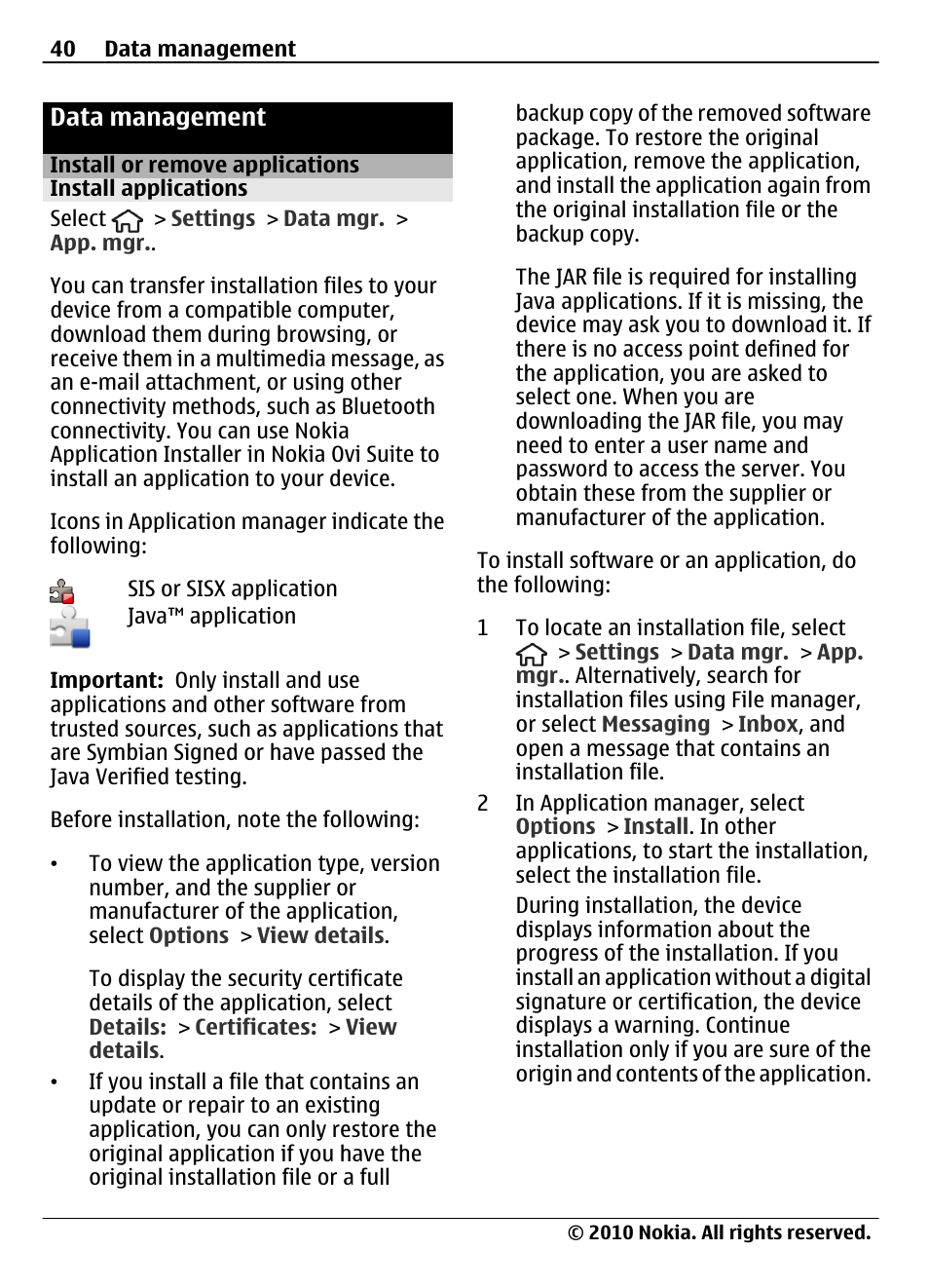 Data management, Install or remove applications, Install applications | Nokia 6700 Slide User Manual | Page 40 / 56