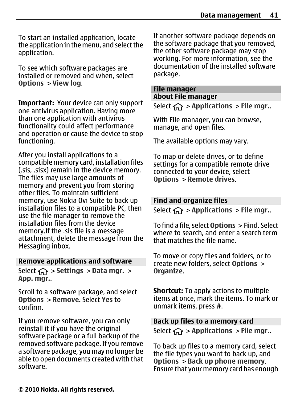 Remove applications and software, File manager, About file manager | Find and organize files, Back up files to a memory card | Nokia 6700 Slide User Manual | Page 41 / 56