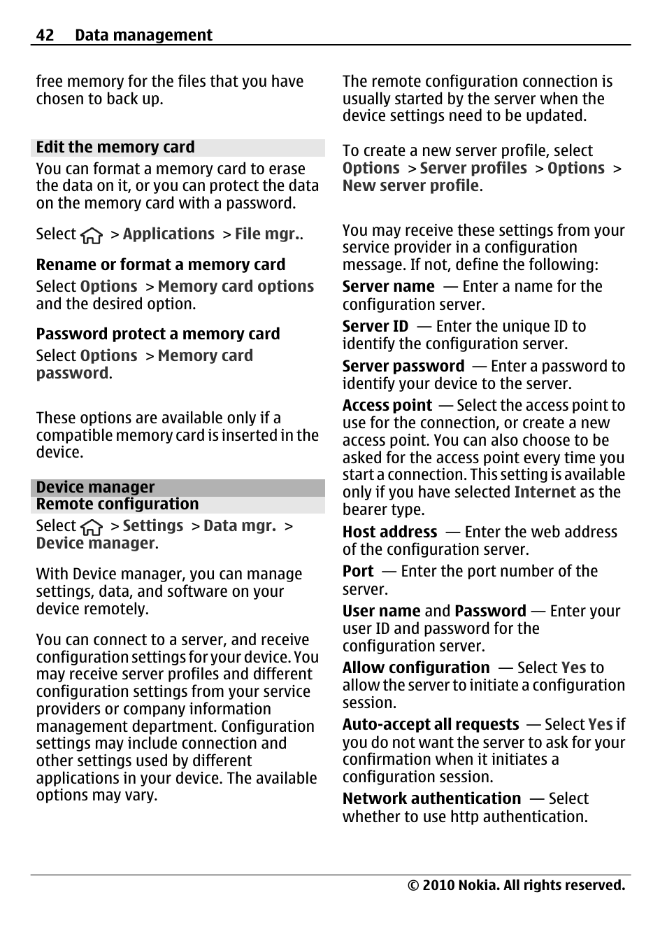 Edit the memory card, Device manager, Remote configuration | Nokia 6700 Slide User Manual | Page 42 / 56