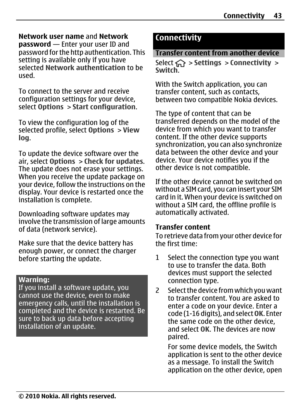 Connectivity, Transfer content from another device, Transfer content from another | Device | Nokia 6700 Slide User Manual | Page 43 / 56