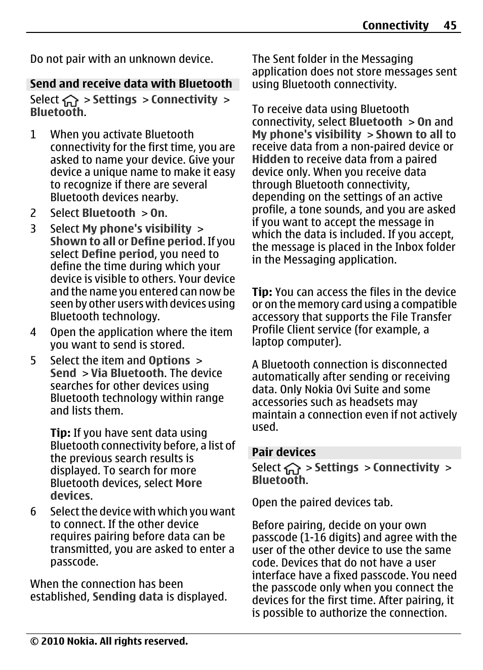 Send and receive data with bluetooth, Pair devices | Nokia 6700 Slide User Manual | Page 45 / 56