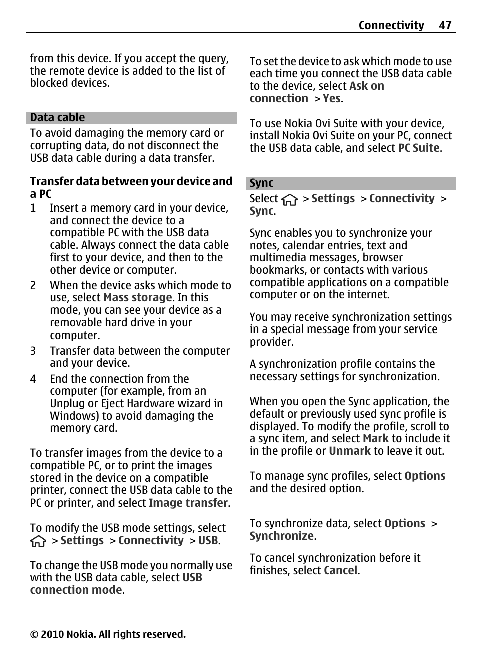 Data cable, Sync | Nokia 6700 Slide User Manual | Page 47 / 56