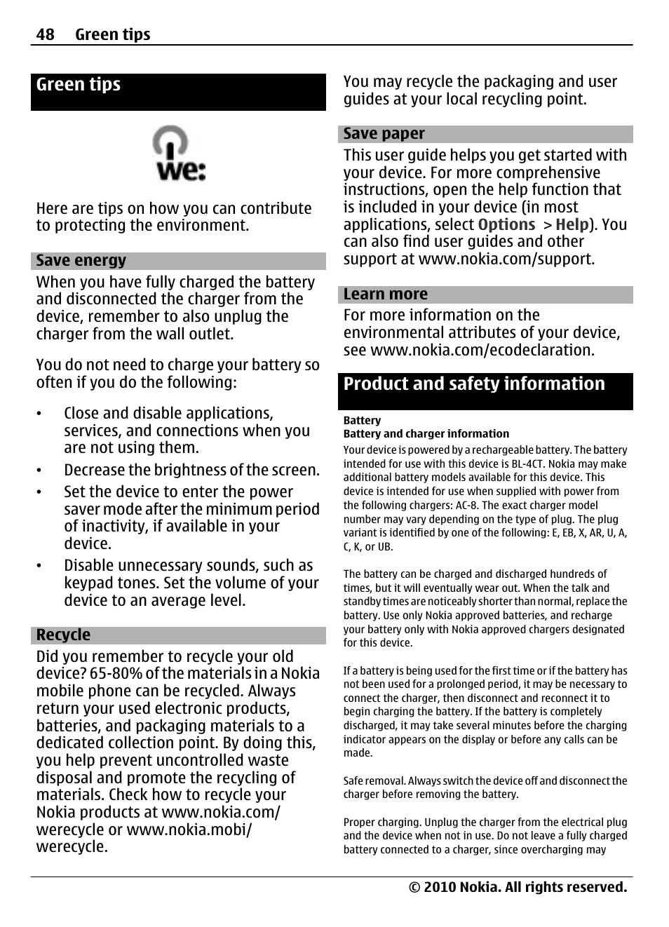Green tips, Save energy, Recycle | Save paper, Learn more, Product and safety information, Battery, Battery and charger information | Nokia 6700 Slide User Manual | Page 48 / 56