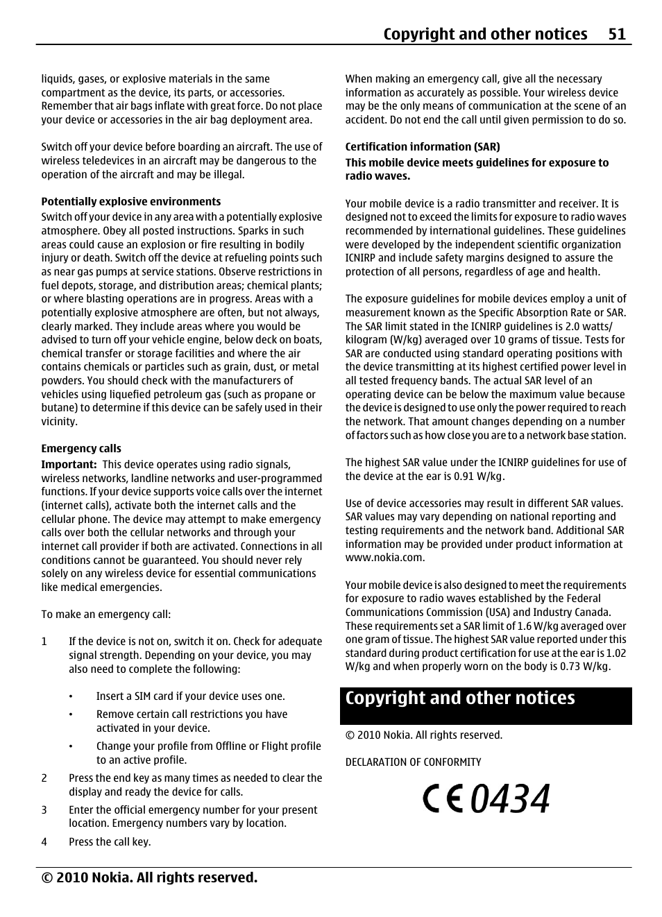 Potentially explosive environments, Emergency calls, Certification information (sar) | Copyright and other notices, Copyright and other notices 51, 2010 nokia. all rights reserved | Nokia 6700 Slide User Manual | Page 51 / 56